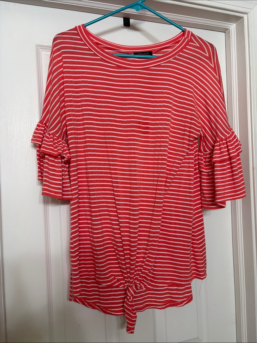 Coral & White Striped Ruffle Sleeve Tie-Front Top